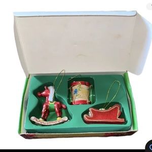 Vintage Christmas Wood Ornaments Hand Painted Rocking Horse SleighDrum Set READ